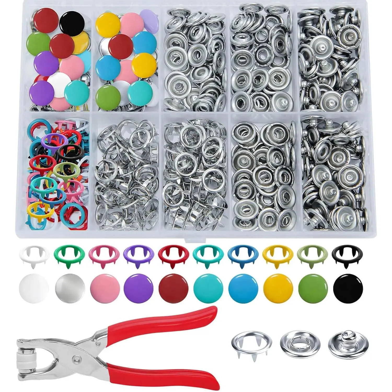 100 Sets Snap Button Kit with Fastener Pliers, 400 count Metal Snaps for Fabric in 10 Colors (50 Solid & 50 Hollow), 9.5mm Sewing Snaps for DIY Crafting, Clothing,  Clothes