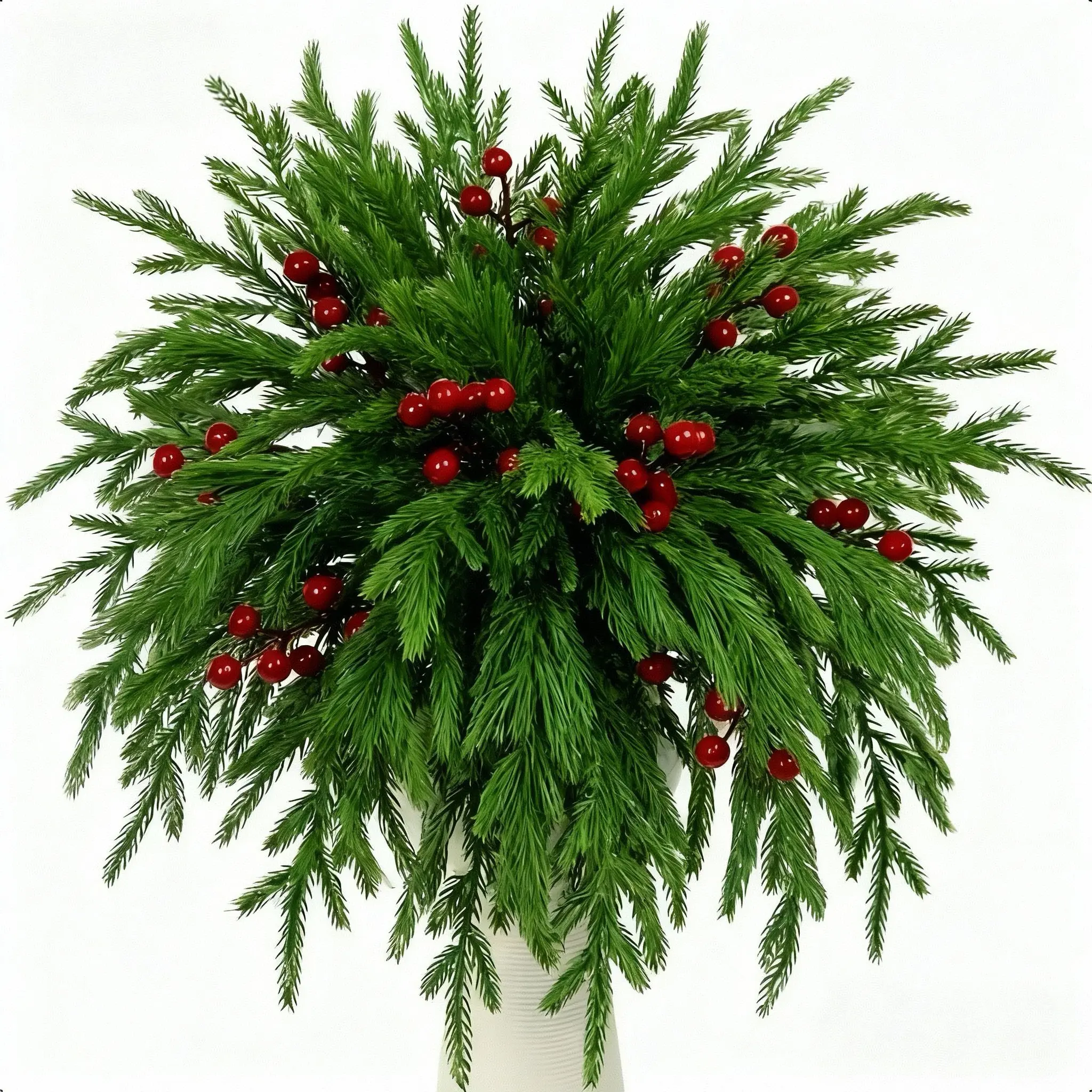 40 Artificial Plastic Norfolk Pine Branches, Realistic Fake Christmas Tree, Needles and Berries, Indoor Outdoor Decor, Holiday Decoration