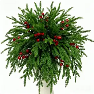 40 Artificial Norfolk Pine Branches, Realistic Fake Christmas Tree, Needles and Berries, Indoor Outdoor Decor, Holiday Decoration