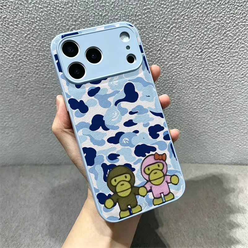 Couple Monkeys & Cross Design Silicone Smartphone Casing, Waterproof Accessory for iPhone 15-16-17 Pro Max Fit, High-Temp Baked Cover with Corner Protection, Trendy Large View Window, Liquid-Effect Finish, Electroplated Surface