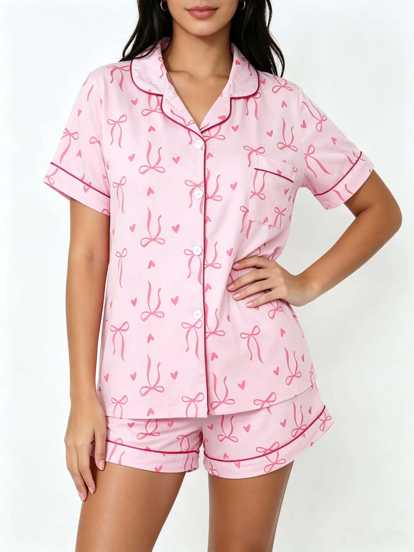 Girls' Bow Heart Print Pajama Set, Short Sleeve Open Front Top with Shorts, Soft Skin-Friendly Home Sleepwear, Loungewear, Cute Millennial Style