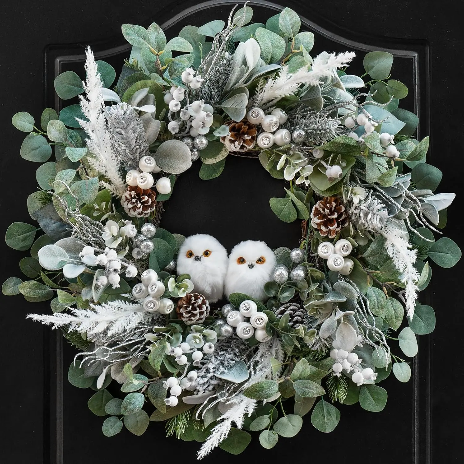 Winter Wreath for Front Door 24 Inch Christmas Wreath with Owl Decor Pine Cones and Evergreen Greenery Festive Winter Door Decor Artificial Holiday Farmhouse Rustic Wreath
