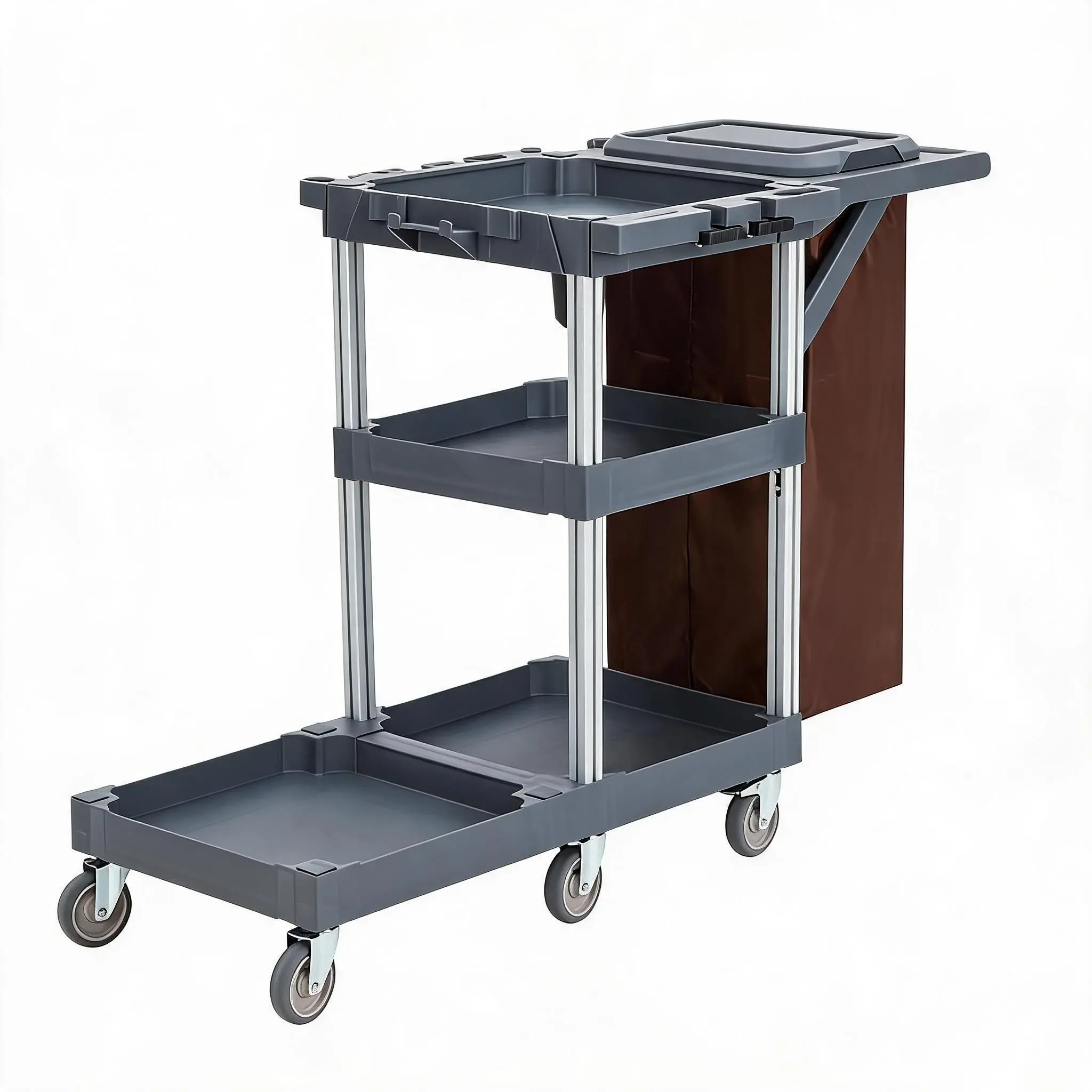 Heavy Duty Janitorial Cleaning Cart – 3-Shelf Commercial Utility Cart with Cover & Vinyl Bag – Rolling Maintenance Trolley for Hotels, Restaurants, Hospitals, Schools – Black