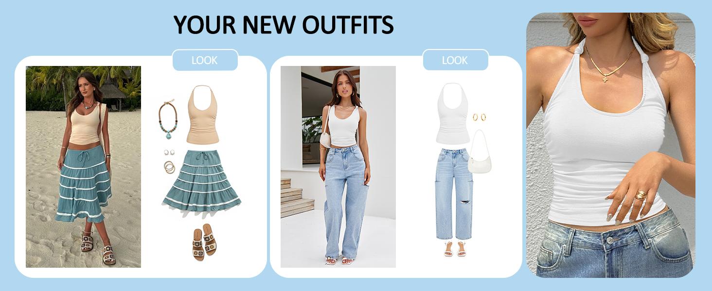 Yousify Halter Tops for Women Sexy Deep Scoop Neck Tank Top Y2k Going Out Fitted Backless Sleeveless Summer Tops