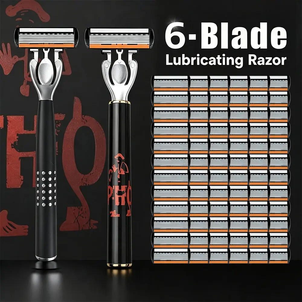 [2 pcs, 72 blades] 6-layer lubricating manual razor set｜Black base with silver dots & red character pattern dual-color handle｜Perfect for bathroom and travel｜Smooth on skin without irritation｜Men's replacement blade combo for various uses