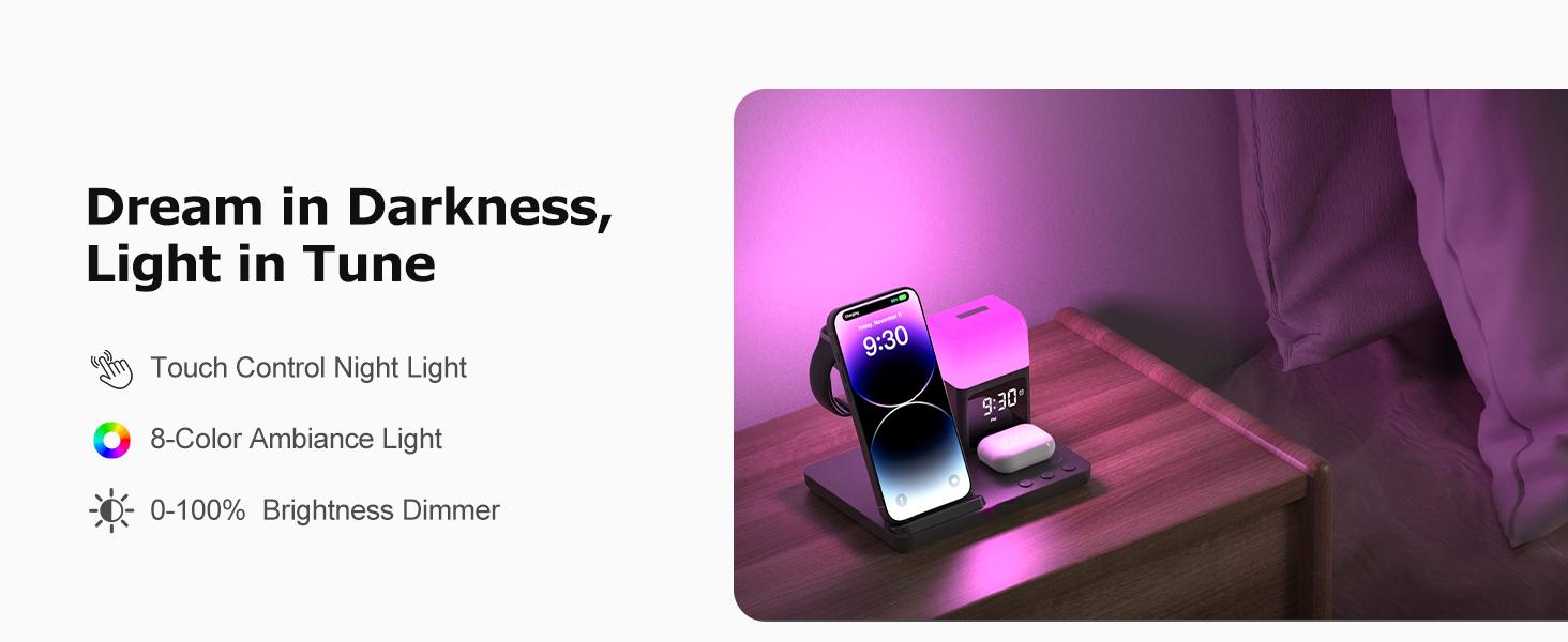 Wireless Charging Station Alarm Clock with 8 Touch Night Lights: 5 in 1 Charger Stand for Apple Devices - Charging Dock for iPhone 17 16 15 14 13 12 Pro Max Plus/Apple Watch/AirPods, Dimmable