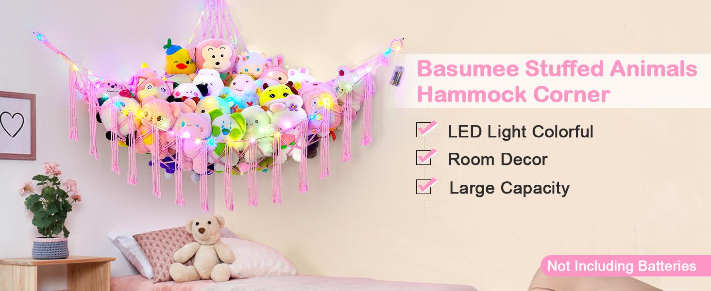 Basumee Stuffed Animals Net or Hammock with LED Light, Hanging Stuffed Animals Storage Toy Hammock Net Corner Wall Girls Room Decor Toy Storage Organizer, Pink, XL