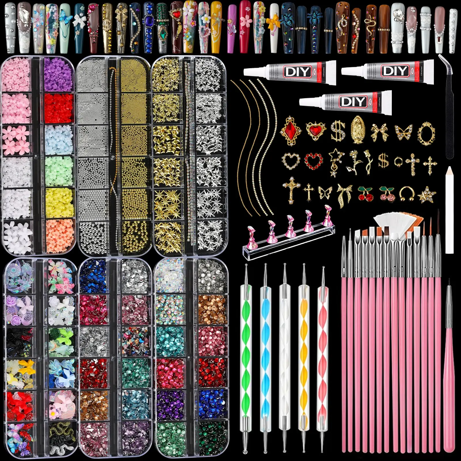 Ultimate All-in-One DIY Nail Art Tool Kit. Fully equipped with resin flowers, metal nail charms, rhinestones, pearls, 15 painting brushes, 5 rhinestone picker pens, tweezers and nail practice stands. Beginners can create salon-quality manicures easily ！