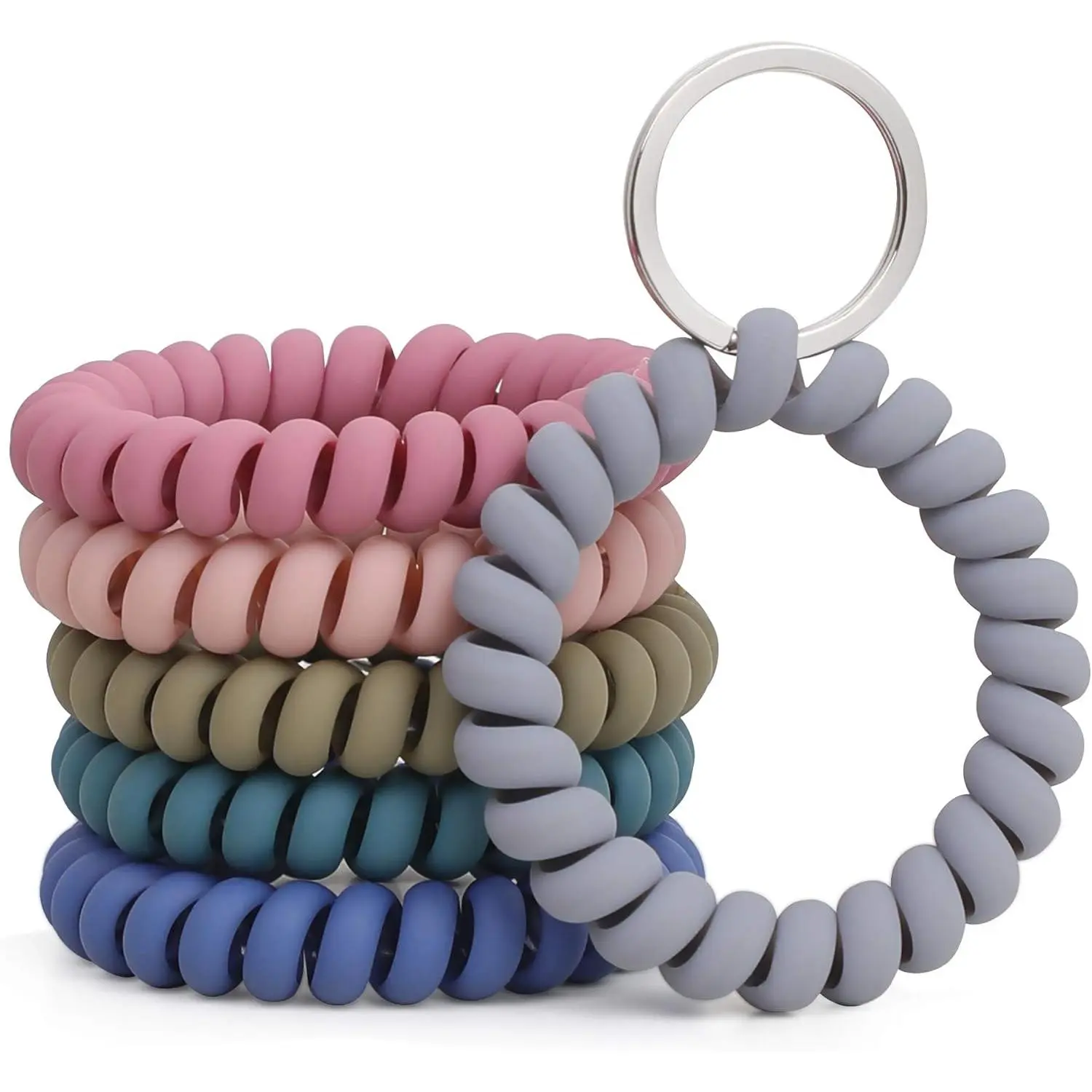 Unisex 6PCS Smooth Elastic Resin Coil-Shape Stretchable Wristband Key Holder with Spring Flexible Spiral, Split Ring for Sauna, Adventure, Casual Use - Default Fashion Accessory Keychain