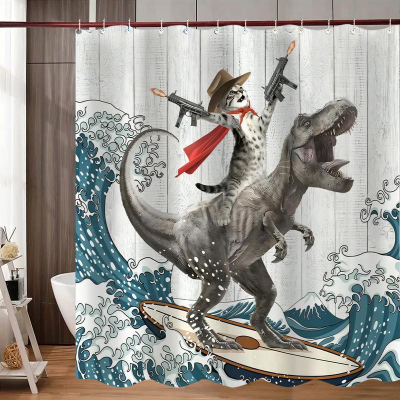 Dinosaur and Cat Pattern Removable Shower Curtain, Waterproof Bathroom Curtain with 12 Hooks, Decor for Home, Hotel, Apartment, Dorm and Spa, Decoration