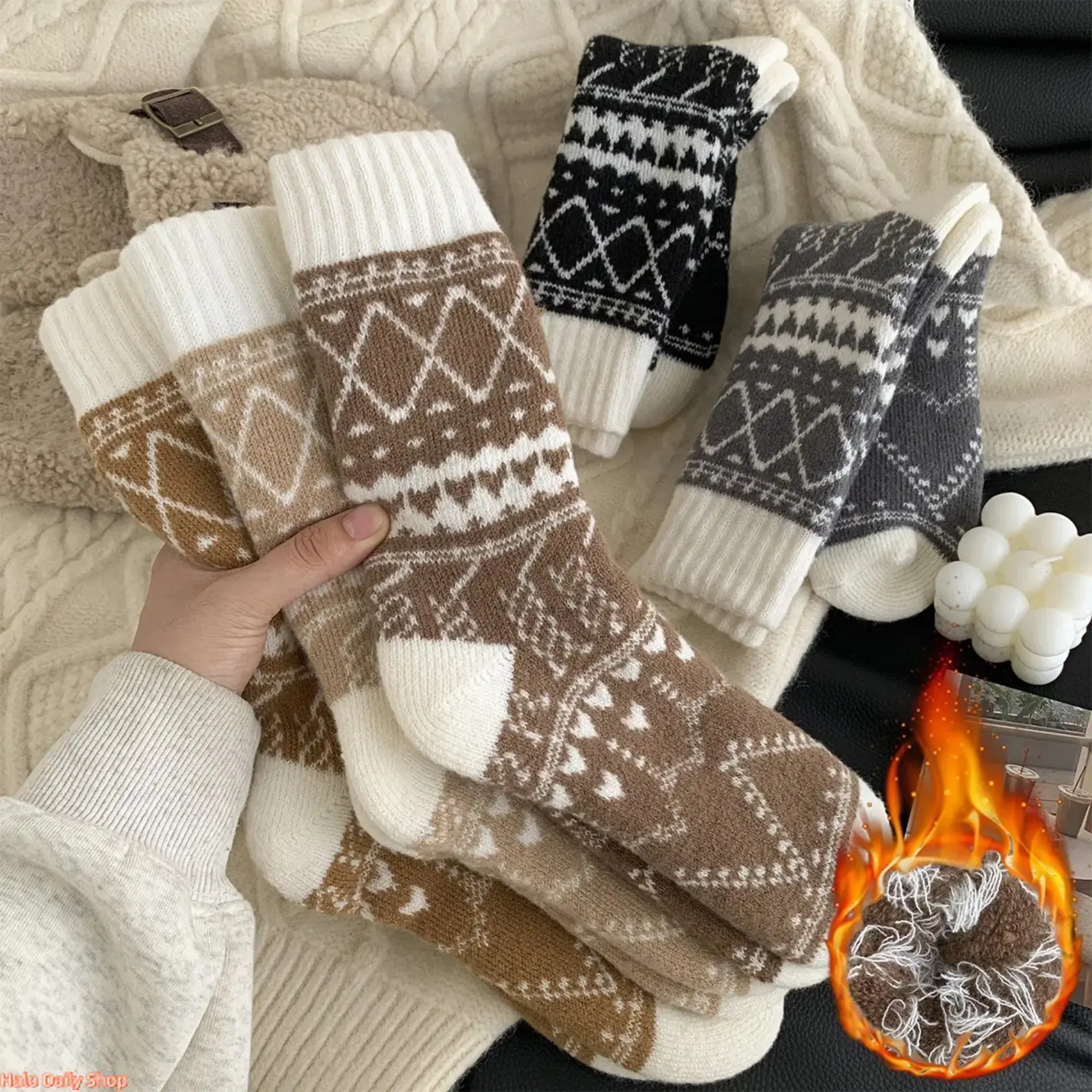 5 Pairs Women's Warm Winter Socks-Ethnic Style Diamond Patterns Mid-Calf Cold-Proof Socks, Multi-Color Optional, Soft and Comfortable Fabric, Thick Warm Outdoor Socks, Cold Days Essential