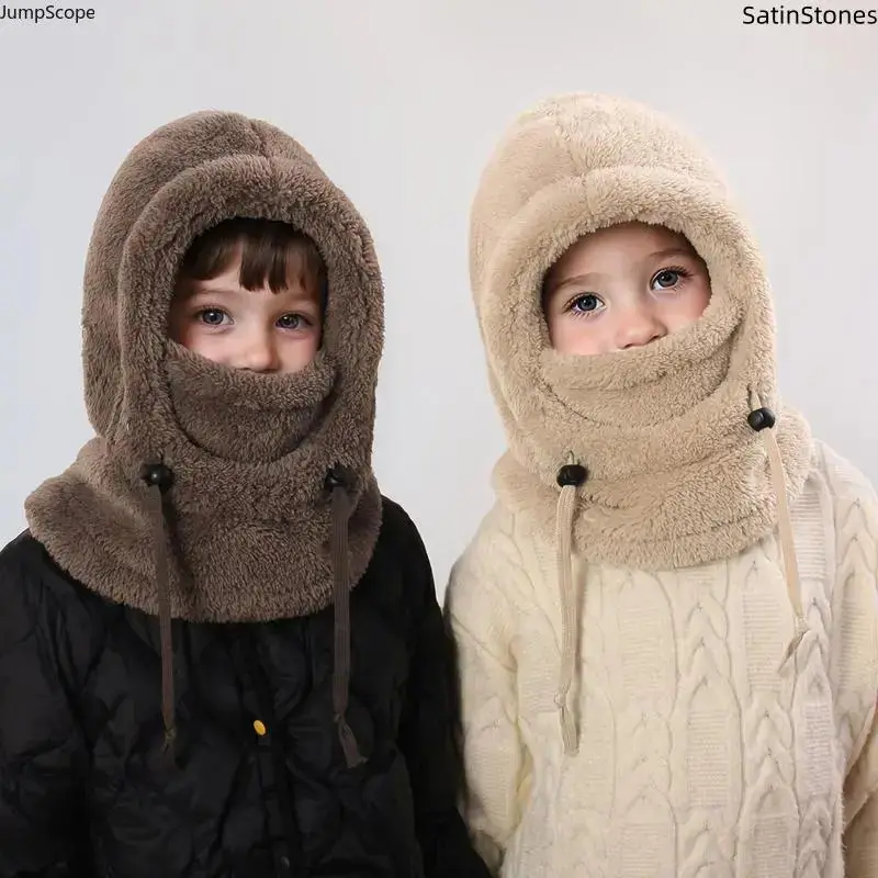 Unisex Anime Bear 3-in-1 Plush Hat, Integrated Scarf Mask & Earmuffs, Double-Layer Fleece Lined Headwear, Elastic Drawstring Lightweight Breathable Polyester Accessory for Autumn Winter Daily Outdoor Wear
