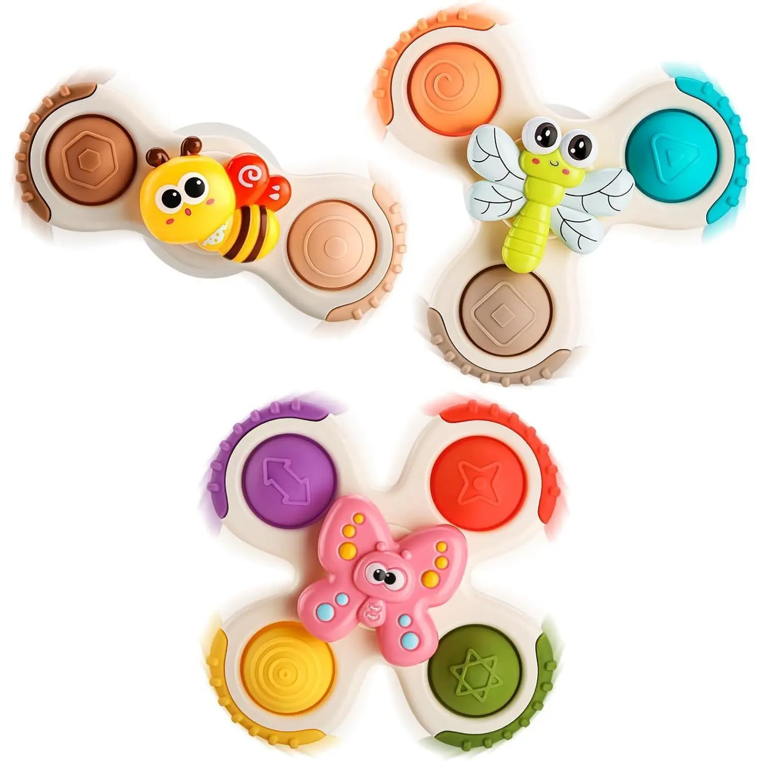 3PCS Plastic Silicone Manual Pop Suction Cup Spinner Shape Sorter Toddler Toys, Airplane Travel Bath Toys for 1-3 Year Olds, Spin Action Infant Birthday Gift
