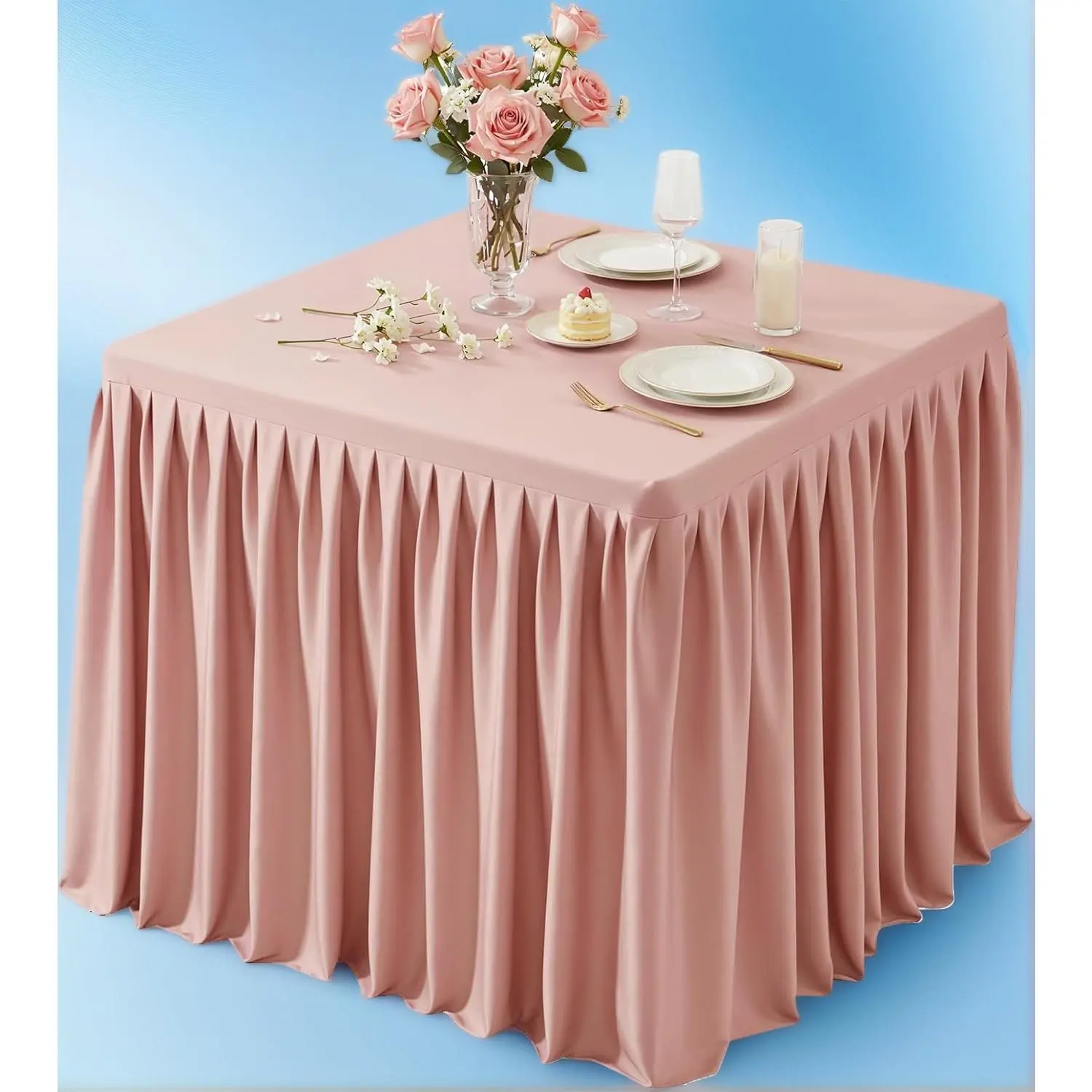34x34 Inch Dusty Rose Square Stretch Tablecloth, Fitted Card Table Cover with Pleated Ruffle Skirt, Washable Fabric Table Cover for Parties, Trade Show Vendor Booth