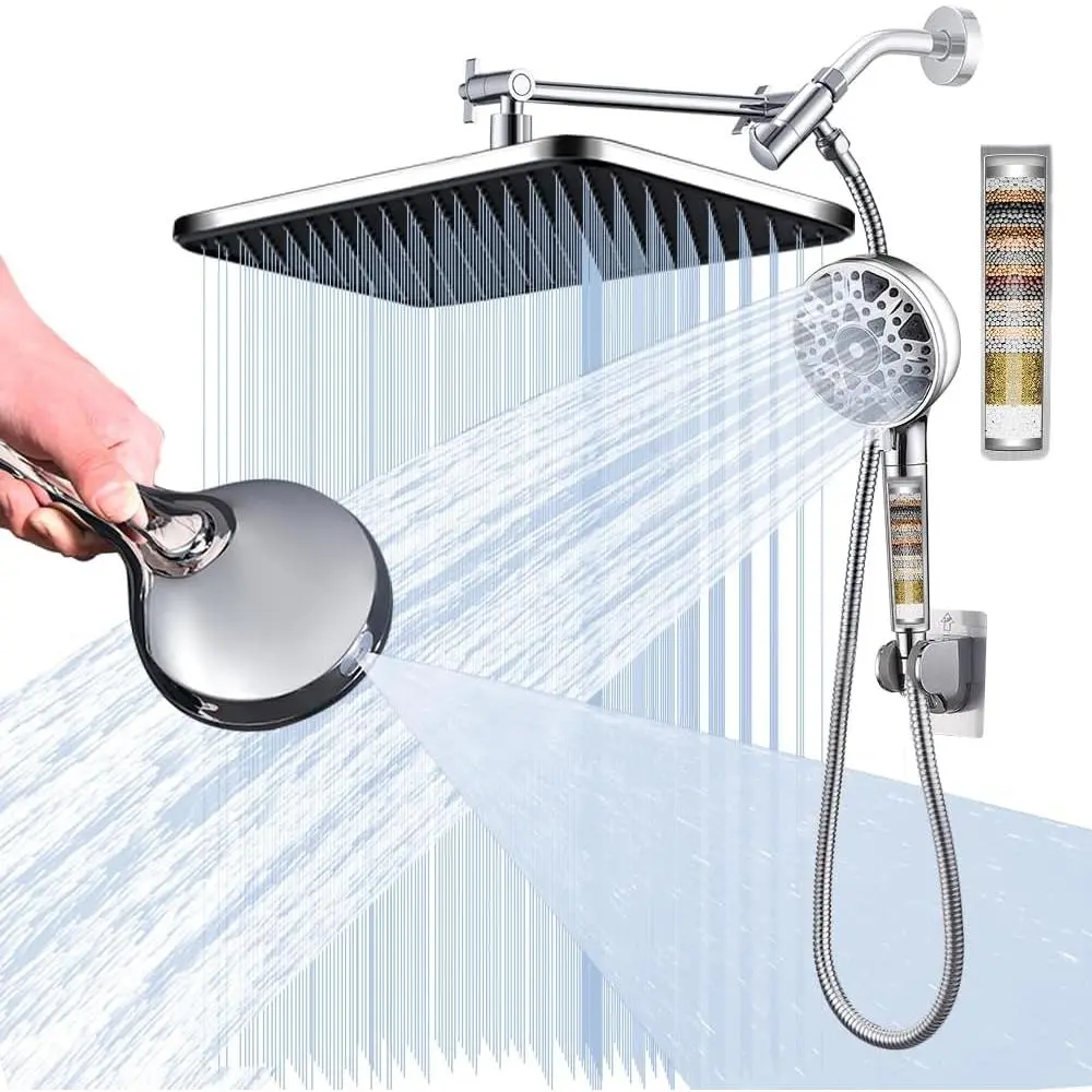 14'' Bathroom Filtered Shower Head with Handheld - Both High Pressure - Rain Shower Hea&9 Spray Mode Showerhead with Filters, 11'' Extension Arm Height Adjustable & 70" Anti-Kink Hose, Chrome