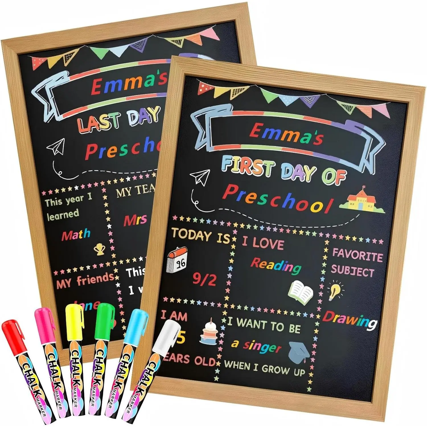 First and Last Day of School Sign 10"x12" - Double-Sided Chalkboard with Solid  Frame,   to School Board for  Grades Students, Includes 6 Colorful Dry Erase Liquid Markers