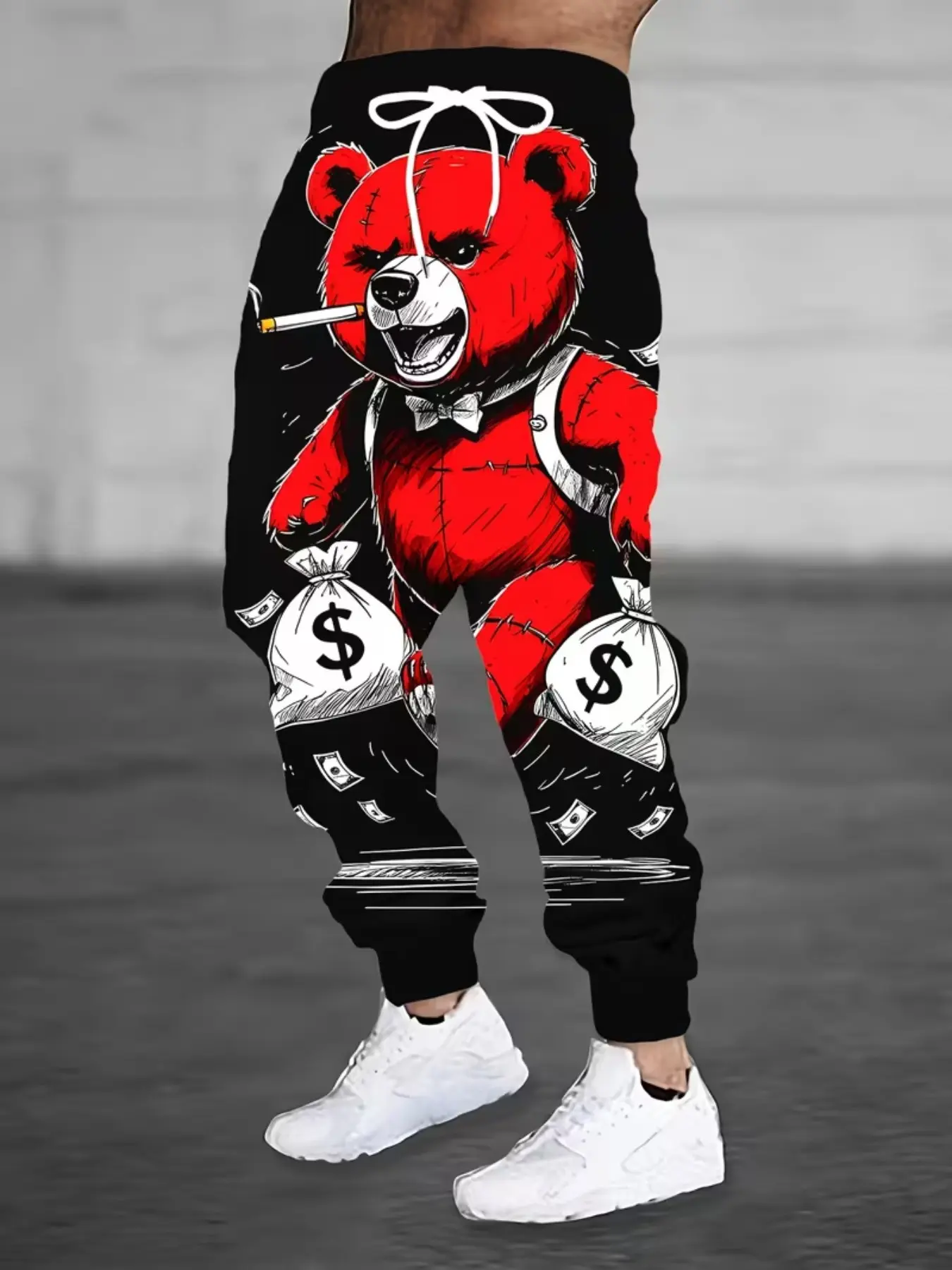 Men's 3D Bear Face Print Joggers, Y2K Street Style, Money Bag Design, Loose Fit, Drawstring Waist, All Seasons