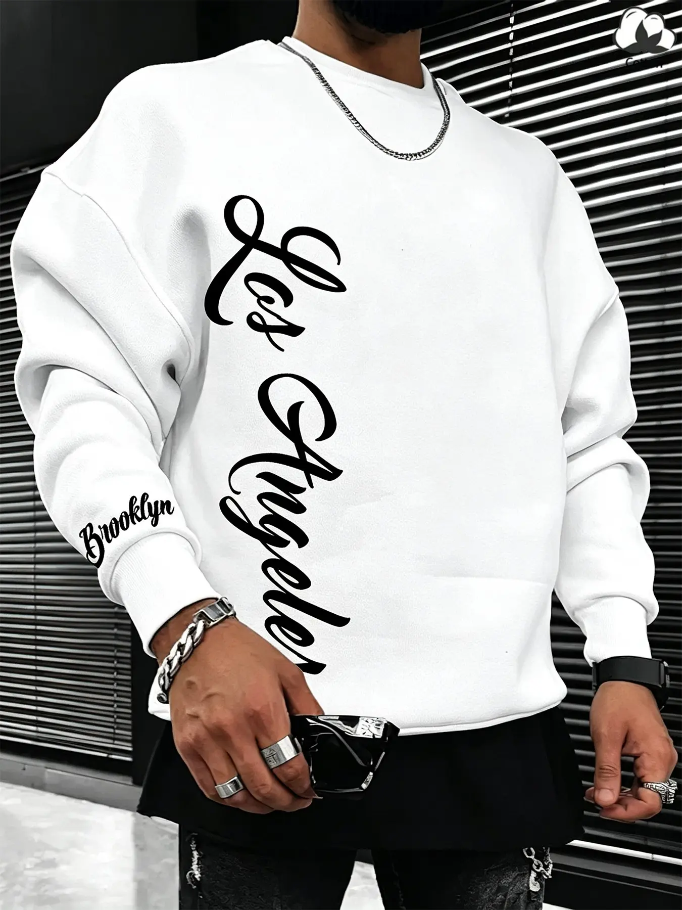 Unisex Cotton Multi-Color Vertical Los Angeles Script Graphic Print Crewneck Sweatshirt American Urban Streetwear Loose Oversized Casual Top