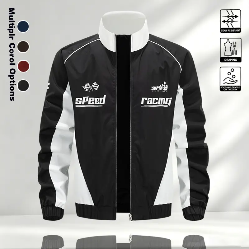 American racing style stand up collar jacket, men's spring and autumn color blocked printed motorcycle jacket, trendy cycling windproof thin top, available in multiple colors