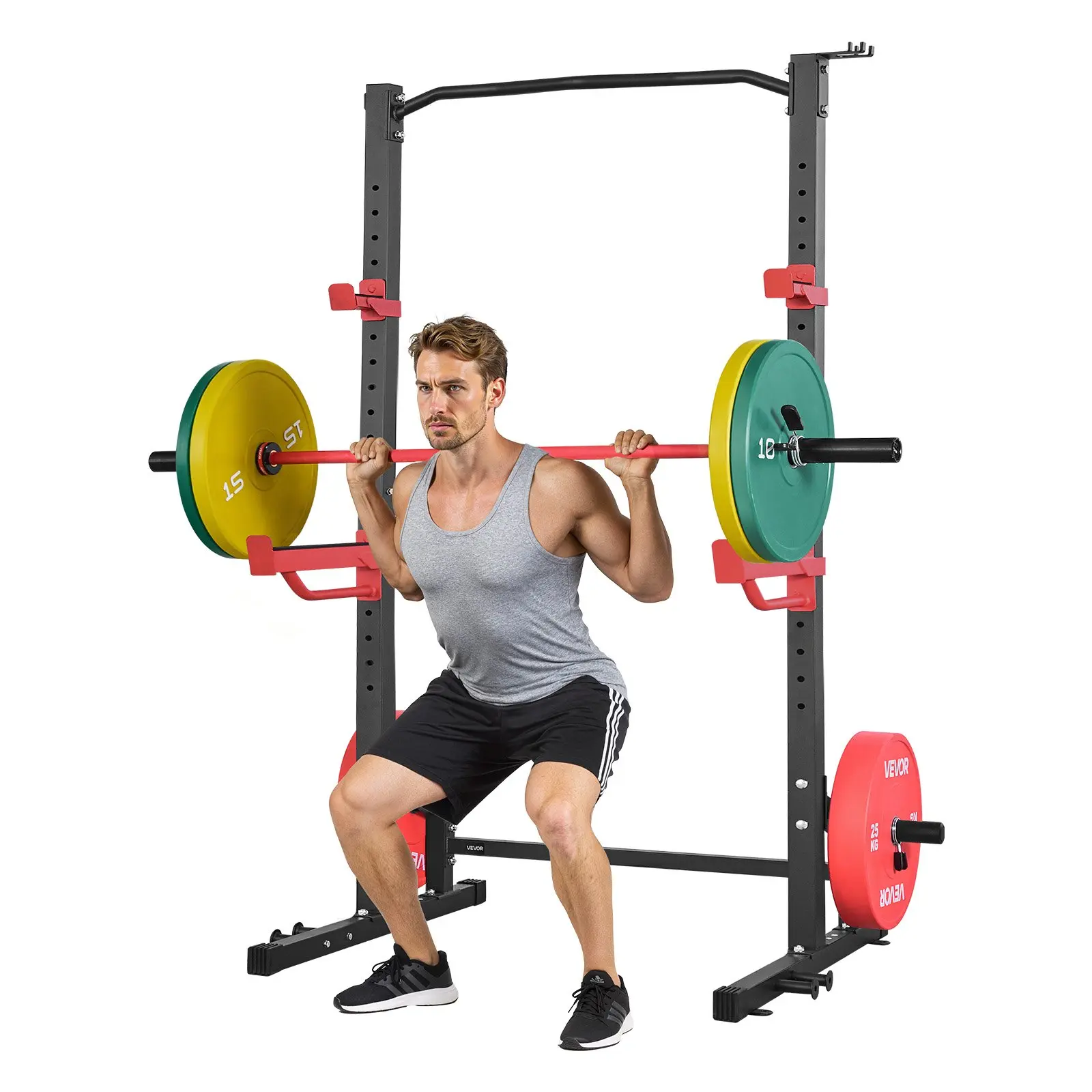 VEVOR Power Cage Squat Rack, Multifunctional Power Rack Home Gym, 1000LBS Strength Training Workout Equipment with 4 Band Pegs, Adjustable J-Hooks Safety Bars for Barbell Squat Bench Press Pull-Up