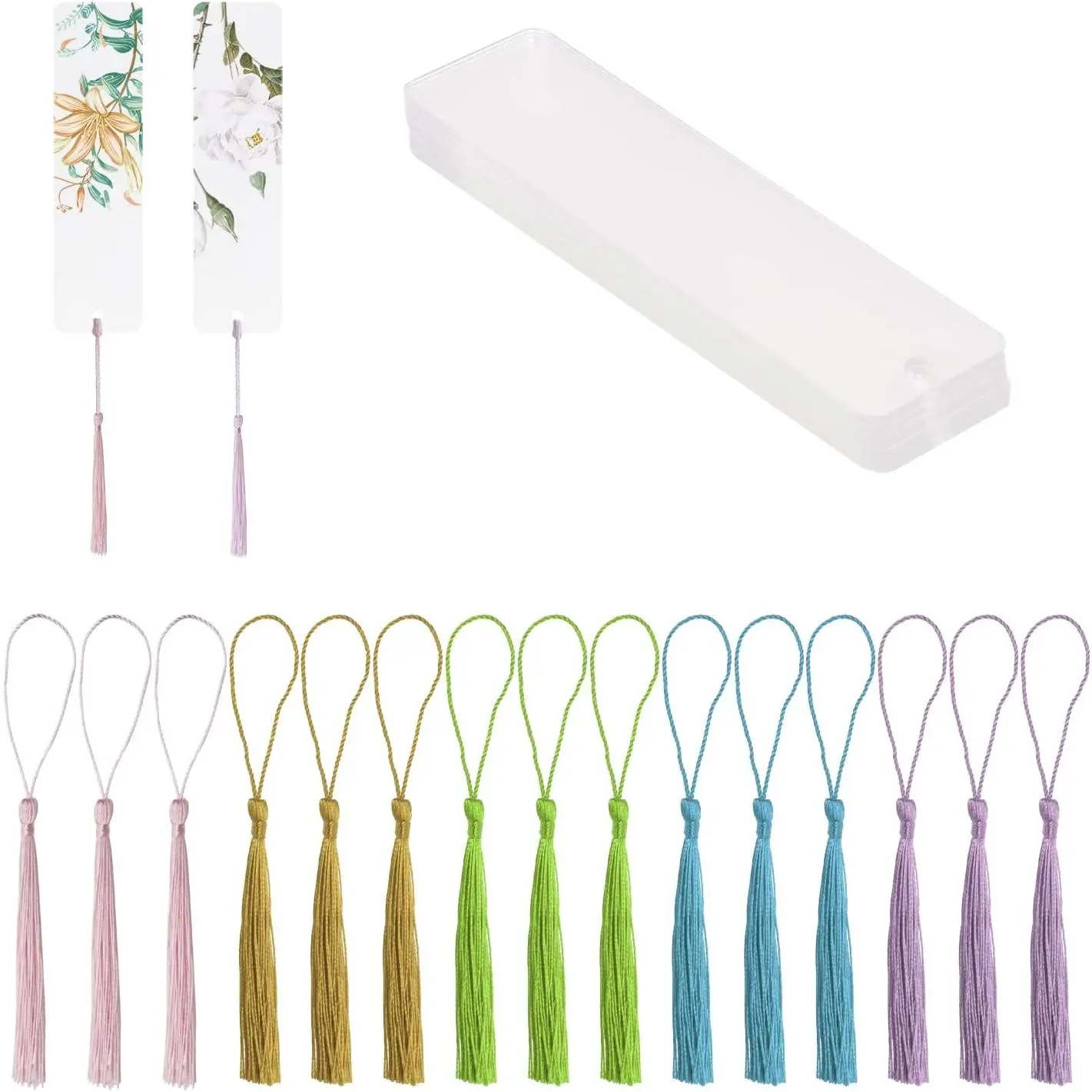 Clear  Bookmarks  15 count Rectangle Plastic Craft Transparent Blank  Book Markers with 15 count Small Bookmark Tassels for DIY Projects and Graduation  Tag (15)