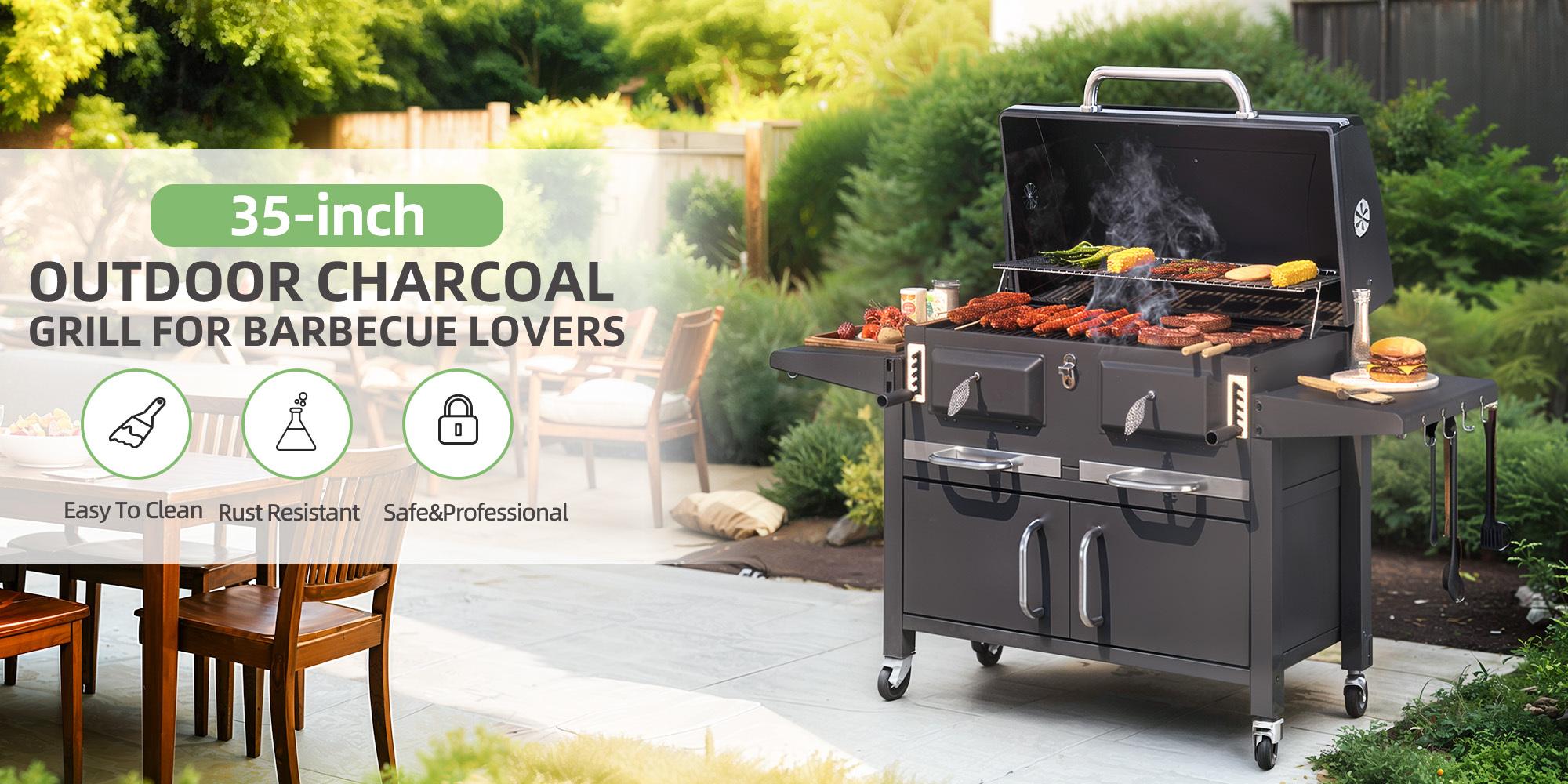 Charcoal Barbecue Grill with Foldable Side Tables, Adjustable Charcoal Trays & Large 860 sq.in Cooking Area, Heavy-Duty Steel Grill for Outdoor Kitchen, Black