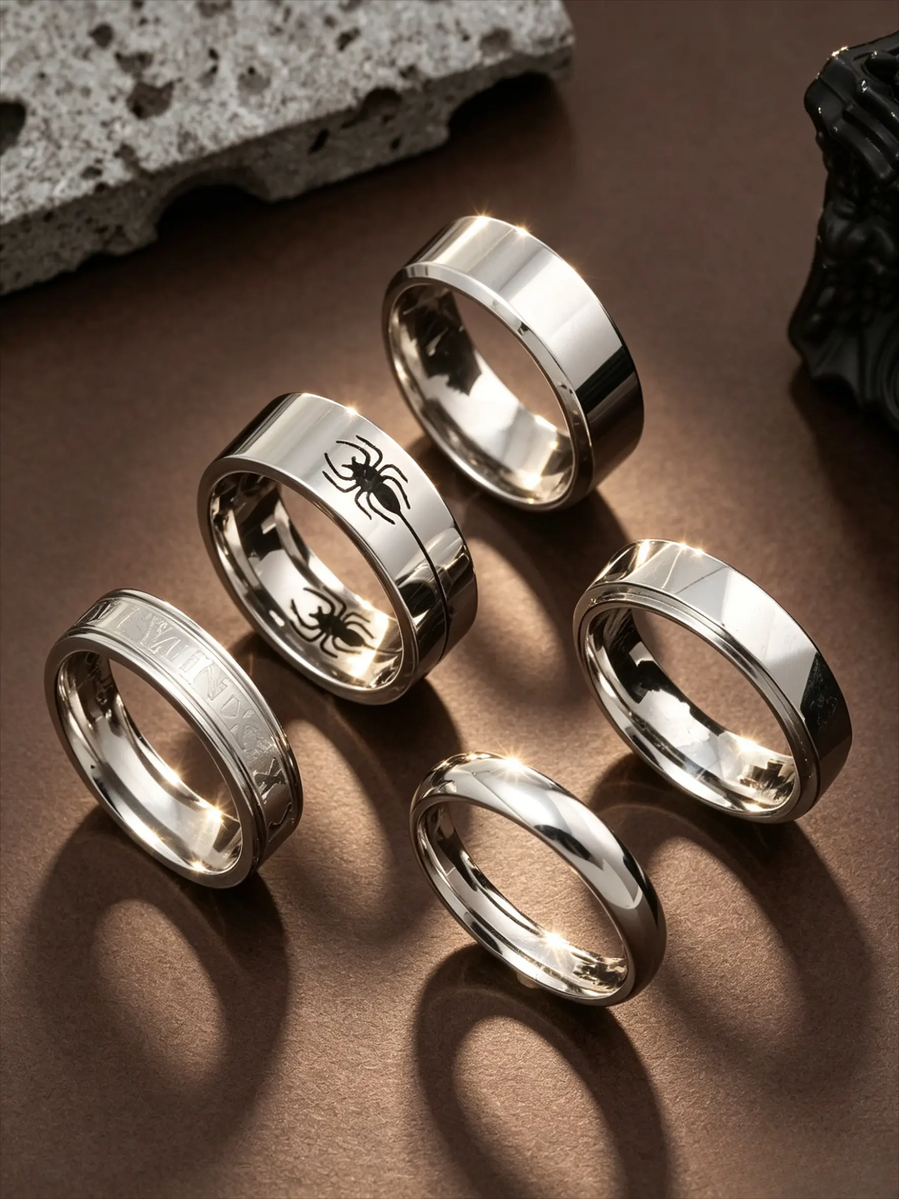 5 Pcs Stainless Steel Spider Engraved Band Rings Multi Texture Plain Groove Stack Finger Ornament Minimalist Gothic Punk Unisex Wrist Jewelry For Daily Travel Birthday Anniversary Holiday Gift For Men Women