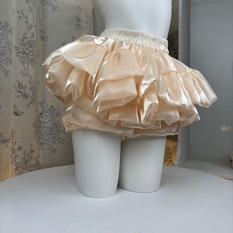 Satin Puffy Cake Skirts Women's Sweet Short Chic Ruffle Mini Skirt Preppy Style Girls Princess Lolita Cosplay Skirts Black/White