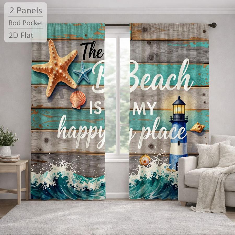 2 Pcs Coastal Beach Lighthouse Starfish Seashell Wave Pattern Digital Printed Rod Pocket Curtains for Bedroom Office Kitchen Living Room Study Home Decor