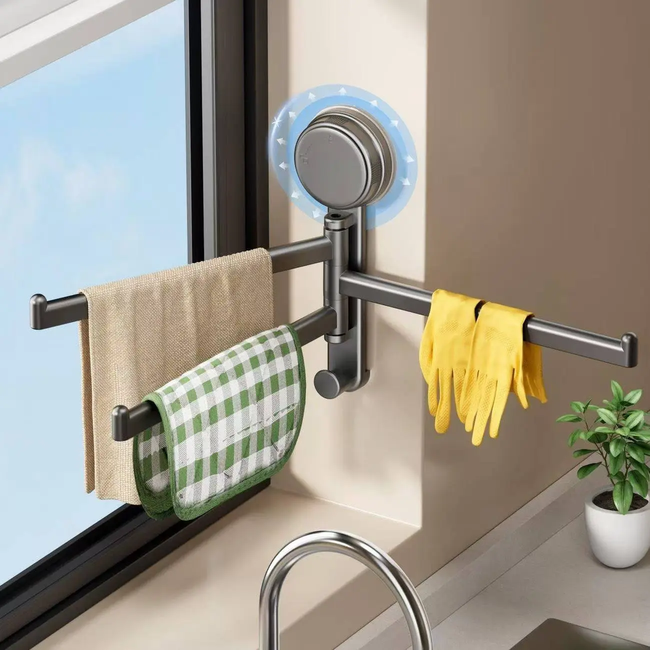 Wall-Mounted Towel Rack, Rotatable 180 Degrees, No-Drill Design, Multi-Pole Bathroom Organizer, Foldable Hanging Holder, Bathroom Organizing Accessories