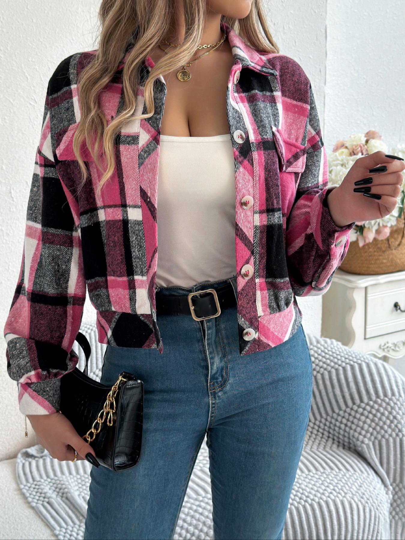 Women's Chic Plaid Print Button Front Drop Shoulder Jacket, Casual Long Sleeve Collared Outerwear for Fall & Winter, Ladies Clothes for Daily Wear