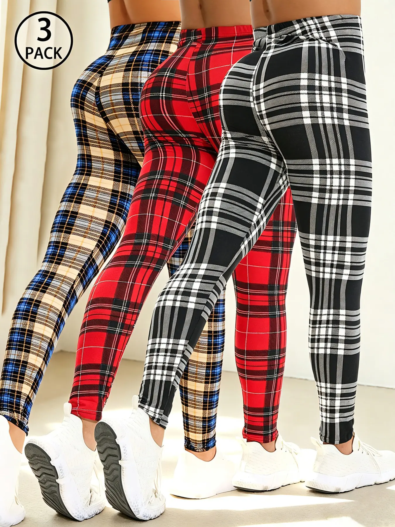 3 PACK Classic Minimalist Women Checkered Printed Leggings, Stretchy Sports Leggings, High Stretch Athletic Durable Comfortable Yoga Pilates Push ups Commuting Daily Run Workout Cropped Pants Suitable Spring Summer Fall Winter