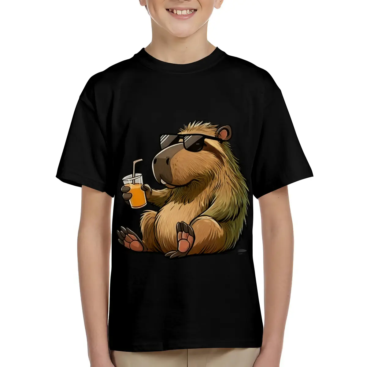 Cool Capybara Drinking Juice Sunglasses Cartoon Print Kids Short Sleeve T-Shirts Cotton Soft Breathable Crewneck Tees for Boys Girls, Loose Fit Comfortable Basic Tops for 6-15 Years Summer School Casual Wear