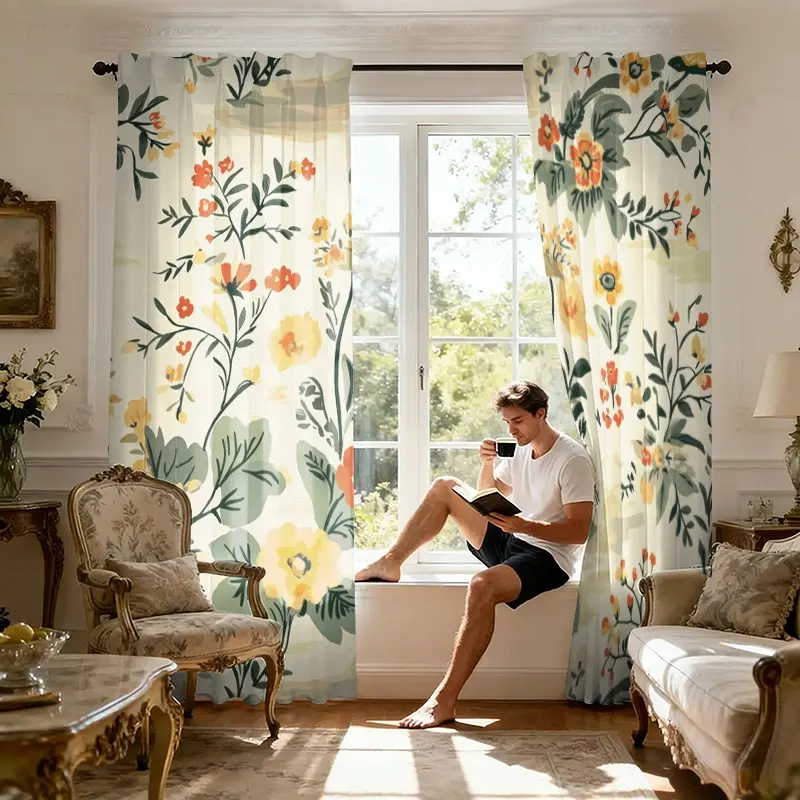 2-Pack Floral Leaf Print Curtains, Insulated Semi-Sheer Drapes for Bedroom Kitchen Living Room, Fiber Balcony Curtains for Apartments, Home Decoration Curtain, Polyester Curtain, Curtain for Windows