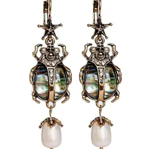 Earrings Beetle Bug Scarab Vintage Halloween Whimsical Jewelry Drop Dangle Earrings for Women with Unique Beetle Design and Abalone Shell Pendant Gift Egyptian Statement Pieces Halloween