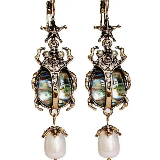 Earrings Beetle Bug Scarab Vintage Halloween Whimsical Jewelry Drop Dangle Earrings for Women with Unique Beetle Design and Abalone Shell Pendant Gift Egyptian Statement Pieces Halloween