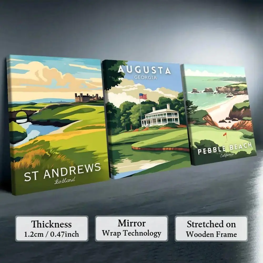 Vintage Golf Course 3 Piece Framed Canvas Wall Art Augusta Pebble Beach St Andrews Sport Decor Living Room Poster Set