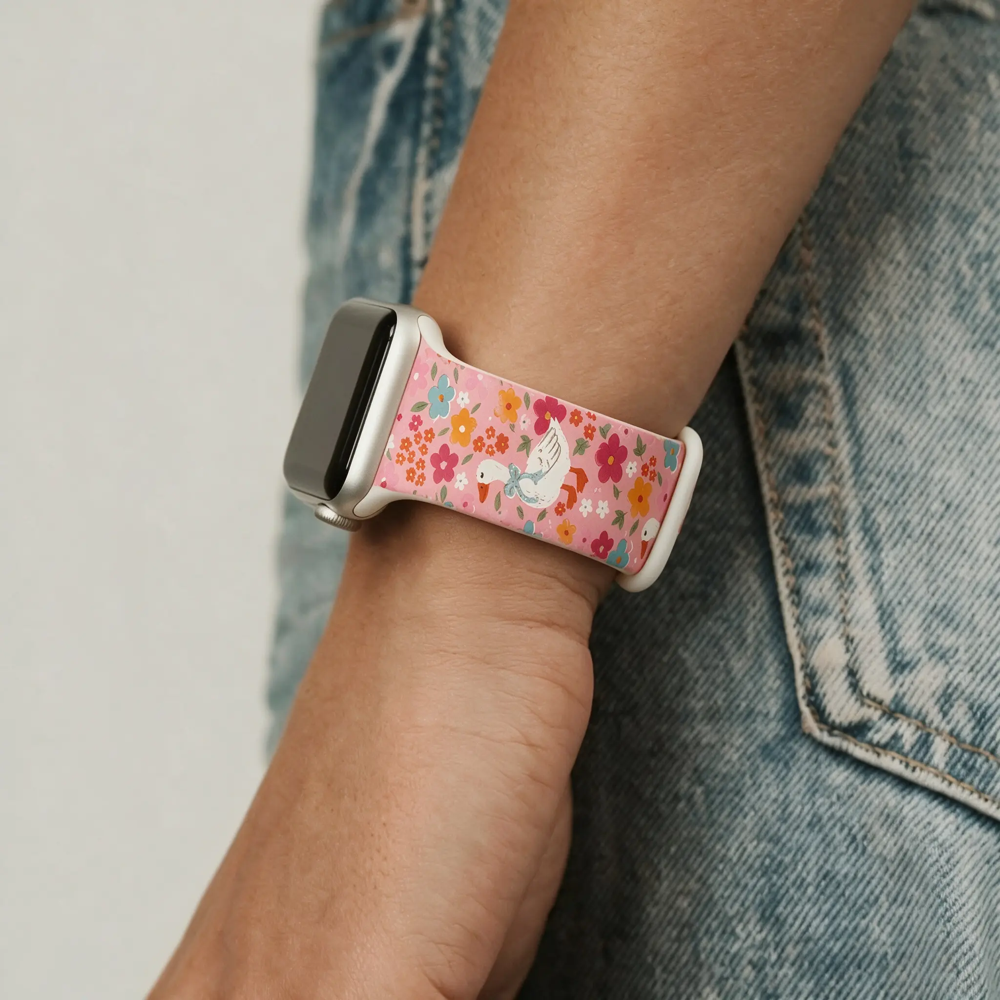 Watch Band with Coquette Goose Floral Print for Women, Water Proof Silicone Accessories, Wearable Cottagecore Style with Multi-Size Adjustable Fit for 38-49mm