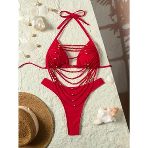 Light Luxury Golden Bead String Neck Swimsuit Sexy Hollow-Out Design One-Piece Bikini