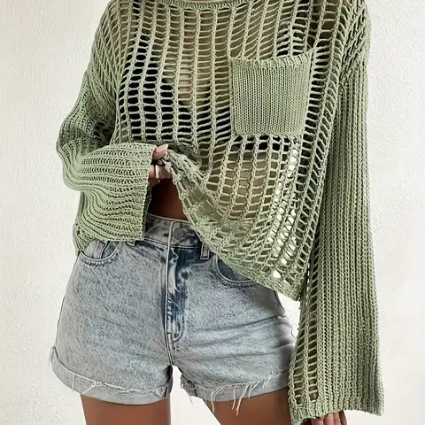 Women's Solid Pocket Hollow Out Round Neck Sweater, Chic Casual Drop Shoulder Long Sleeve Jumper for Spring & Fall, Summer Outfits 2024, Women's Knitwear for Daily Wear