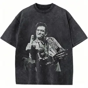 Front Print Johnny Cash Middle Finger Guitar Vintage Washed Casual T-Shirt For Vintage Music Tee Collectors
