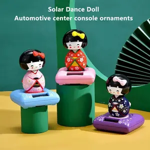 1PC NEW Solar Powered Japanese-Style Doll Car Ornament Kimono Girl Shaking Head Nod Head Cartoon Doll Dashboard Cute Car Decor