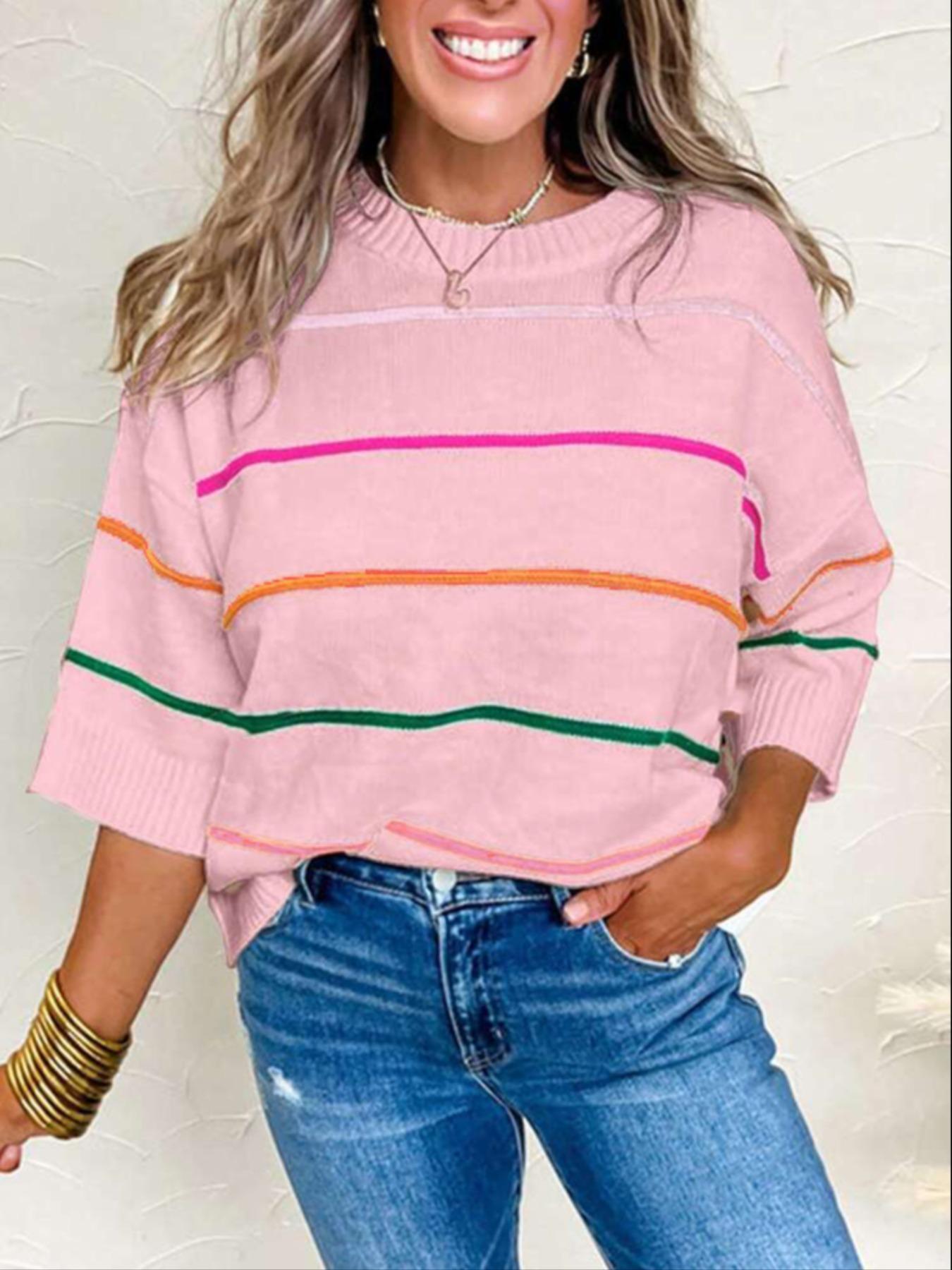 Women's Striped Print Sweater, Casual Short Sleeve Round Neck Jumper for Daily Wear, Ladies Knitwear for Spring & Fall
