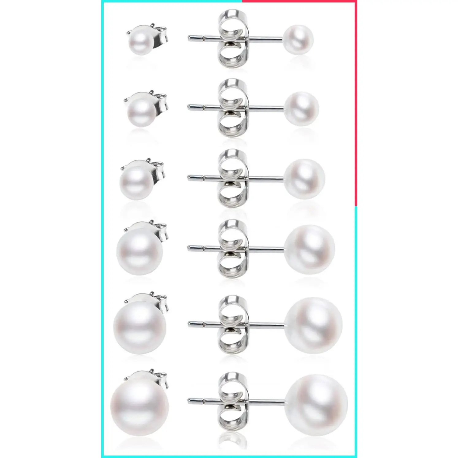 Hypoallergenic 6-Pair Pearl Stud Earrings Set for Women - AAA+ Freshwater Cultured Pearls, Dainty 3-8mm Tiny Small & Big Ball Earrings