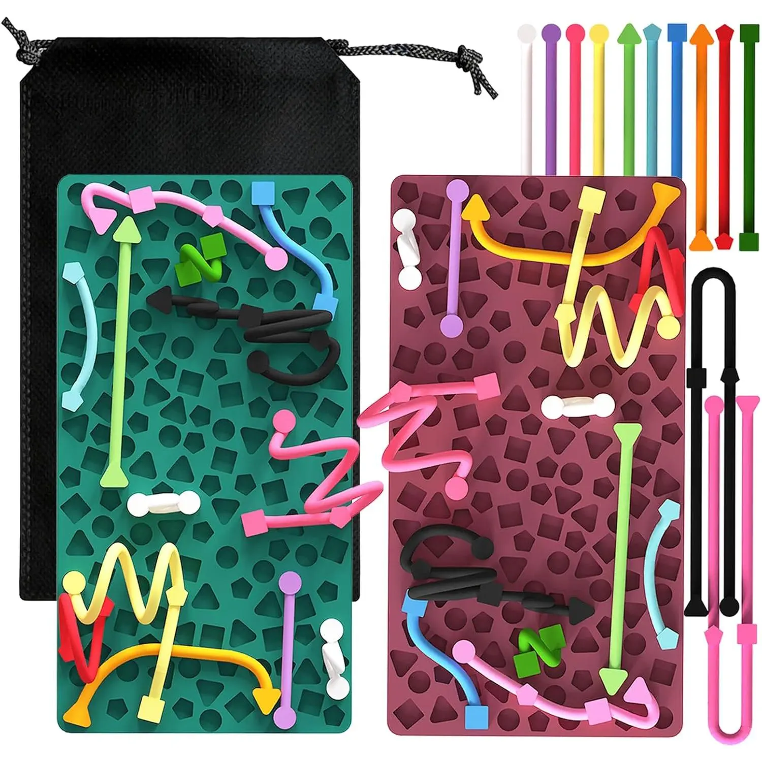 2PCS Sensory Activity Board, Stress Relief Silicone Quiet Toddler Sensory Toy, ADHD & Autism Sensory Toys for Kids & Adults | Includes Portable Travel Bag & 12 Stringsfidget toys