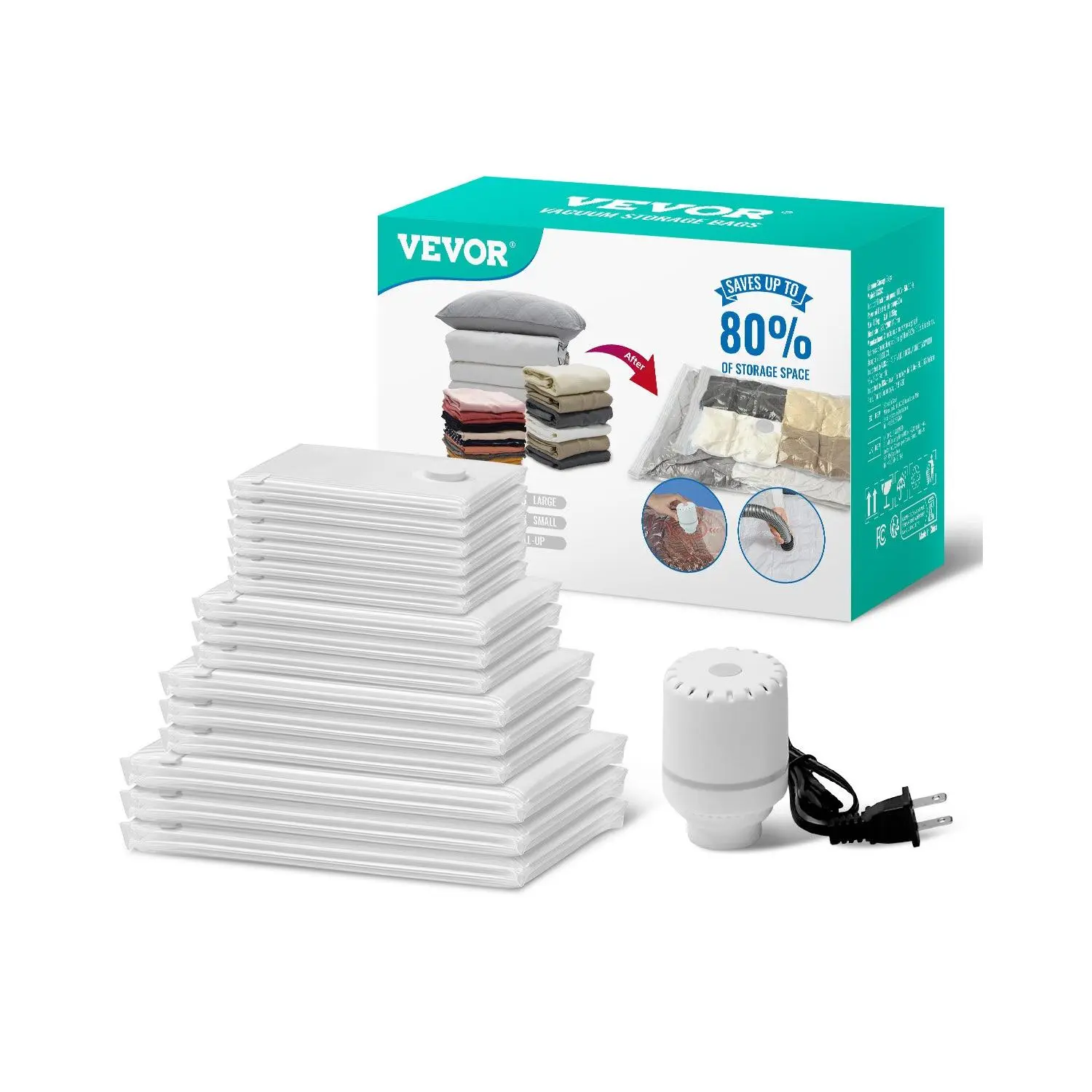 【DealsForYouDays】VEVOR Vacuum Storage Bags, 15 Pack Space Saver Seal Bag(3 Jumbo/3 Large/3 Medium/3 Small/3 Roll), Compression Airtight Zipper Space Bags with Electric Pump, for Cloth, Bedding, Blanket, Pillow, Travel