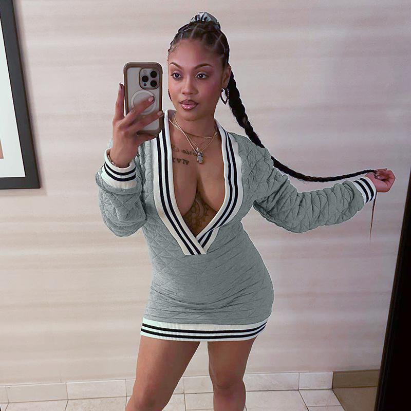 Sexy Deep V Quilted Cotton Long Sleeve Sweatshirt Dress Bodycon Dress