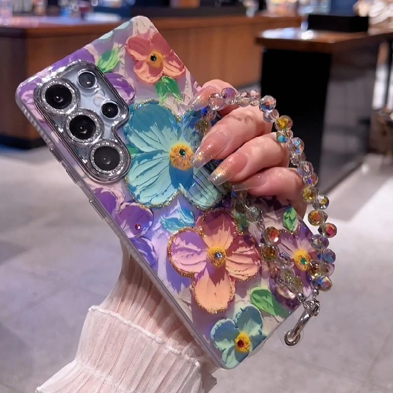 For S25/24/23/S22 blue light oil painting Green and Pink flower shell anti fall protective cover  HN201