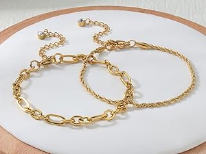 Sanfenly 8Pcs Gold Bracelets For Women, 14K Real Gold Plated Dainty Trendy Stackable Stacking Bracelets Chain Charm Link Paperclip Beaded Bracelet Stainless Steel Stretch Layered Women's Bracelet Sets