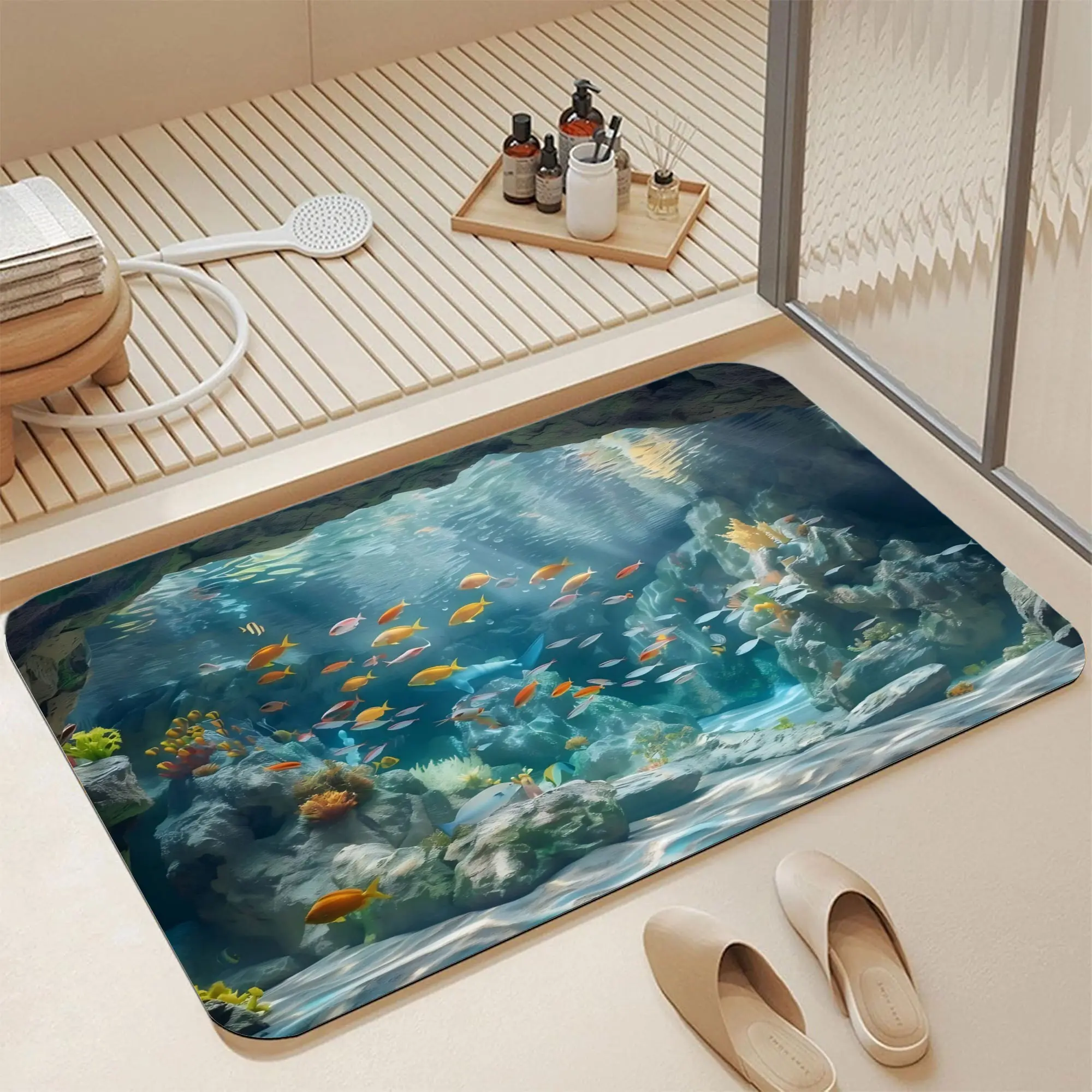 Realistic Aquarium Underwater Tropical Fish Coral Soft Diatomite Bath Mat 16*24 Inch |   Instant Water Absorbing Non Skid Anti-Mold Shower Rug Stylish Coastal Marine Ocean Themed Bathroom Decor Mat for Sea & Aquarium Lovers